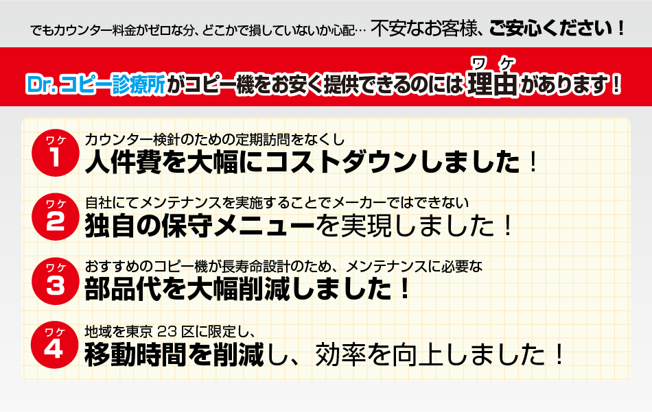 コピー機をお安く提供できる理由があるので不安なお客様もご安心ください